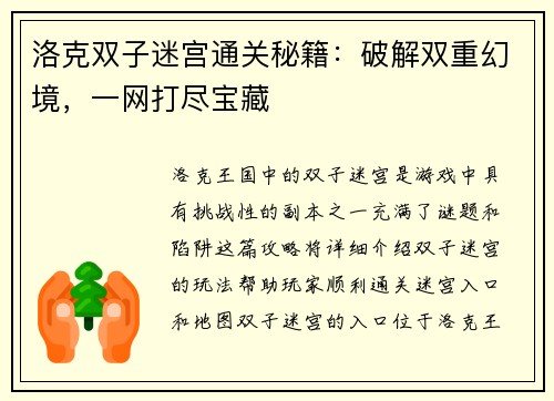 洛克双子迷宫通关秘籍：破解双重幻境，一网打尽宝藏